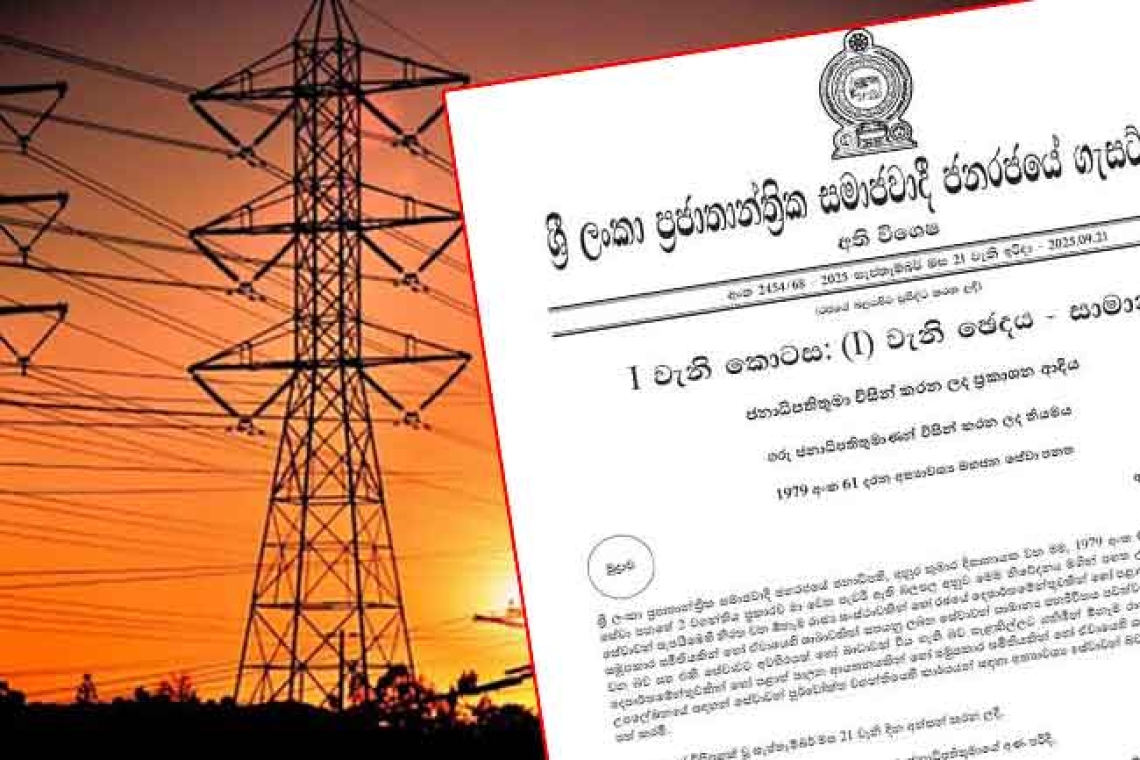 විදුලිබල සැපයීම අත්‍යාවශ්‍ය සේවාවන් කරමින් අතිවිශේෂ ගැසට් පත්‍රයක්